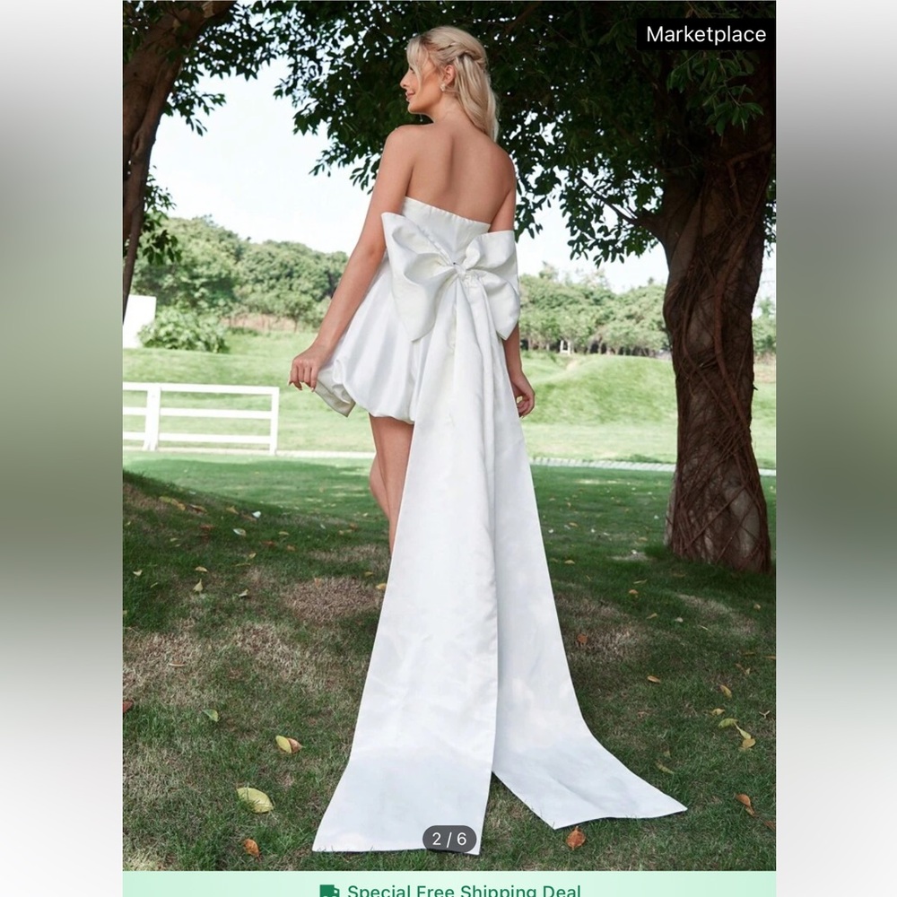 NWT White Strapless Mini Dress With Bow Train Size XL Wedding Bachelorette